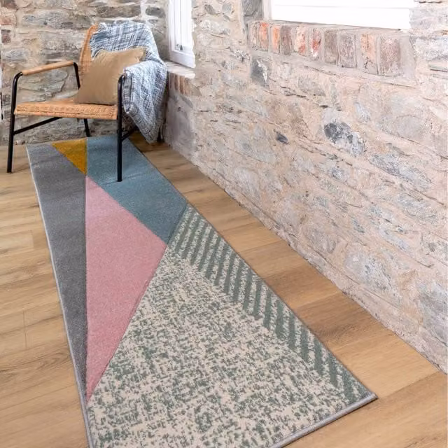 The Rug House Geometric Carved Multicolour and Grey Modern Rug, W: 240 cm, D: 60 cm