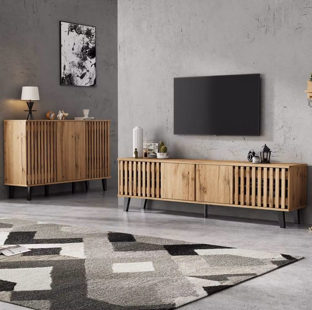 STILVORA TV Stand and Sideboard Set with 4 and 3 Doors in Natural Sand and Brown – 5