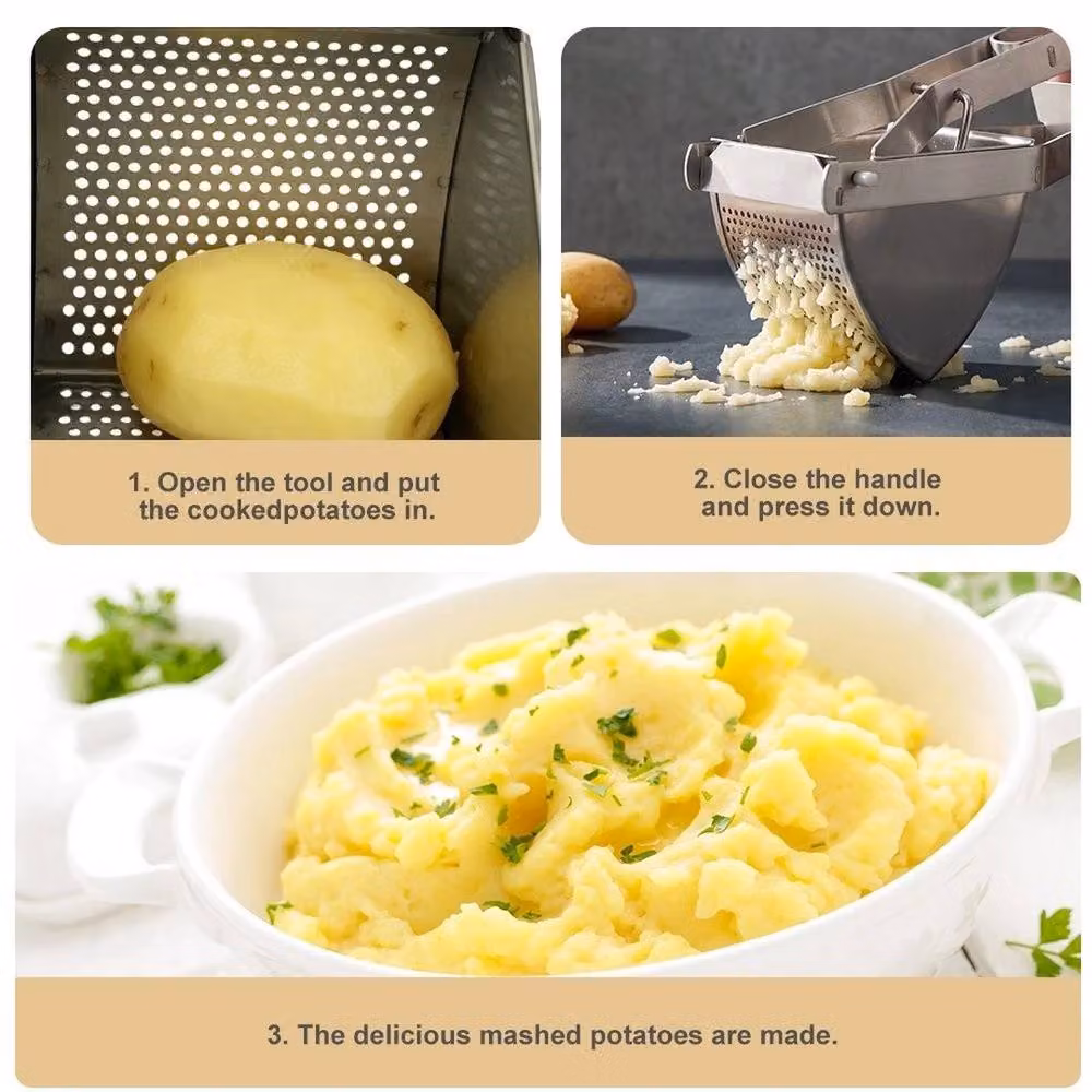 NESTLUNE Heavy Duty Stainless Steel Potato Ricer and Vegetable Masher in Silver with Ergonomic Grip and Fine Mesh – 4