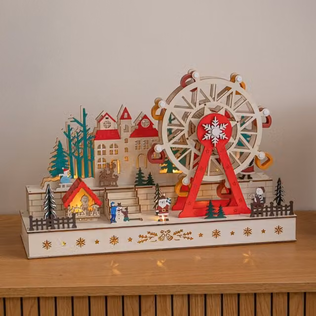 Samuel Alexander Light Up Wooden Christmas Village Scene with Rotating Ferris Wheel, Multicolour, W: 29.0 cm, D: 14.0 cm, H: 14.0 cm