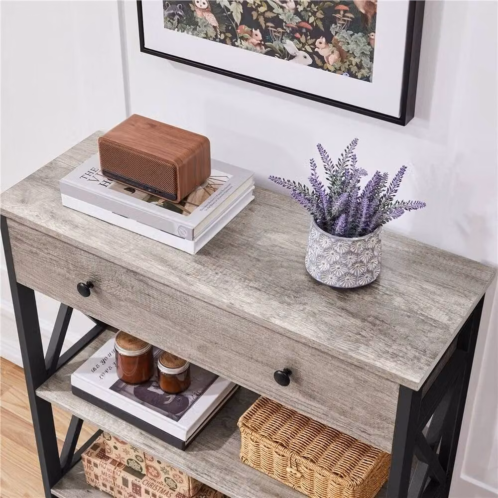 Kelvenix Grey Industrial Console Table with Glass Top and X-Frame Design – 3