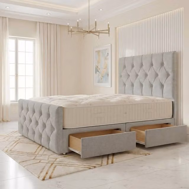 Somnior Ziggy Linen Divan Bed with 2 Drawers, Headboard and Footboard, Light Grey, W/D/H: 200 x 200 x 28 cm