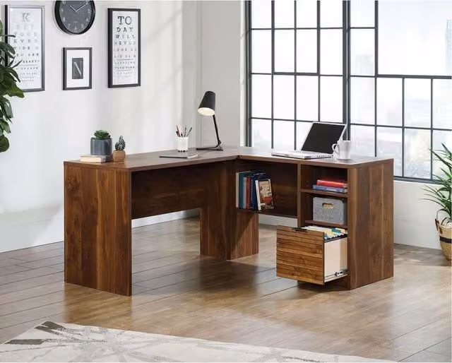Teknik Mid Century Brown Wood Corner Desk with Cable Management