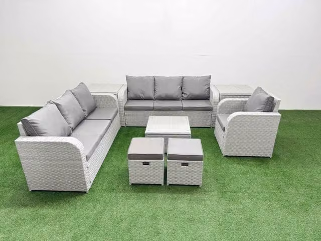 Fimous 9 Seater Poly Rattan Outdoor Garden Furniture Set in Grey with Square Coffee Table, 3 Seater Sofas, Reclining Chairs, Stools and 2 Side Tables