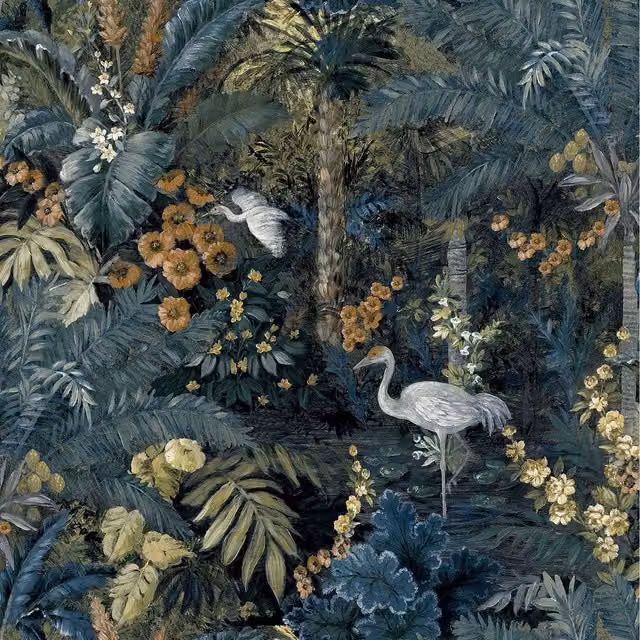 Holden Decor Jungle Paradise Cranes Tropical Floral Palm Leaves Wallpaper in Blue