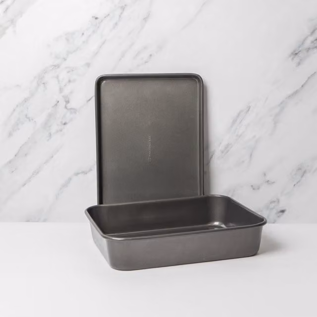 MasterClass Non-Stick Roasting Pan and Baking Tray Set, Grey, W/D/H: 34 x 26 x 7 cm and 35 x 25 x 2 cm