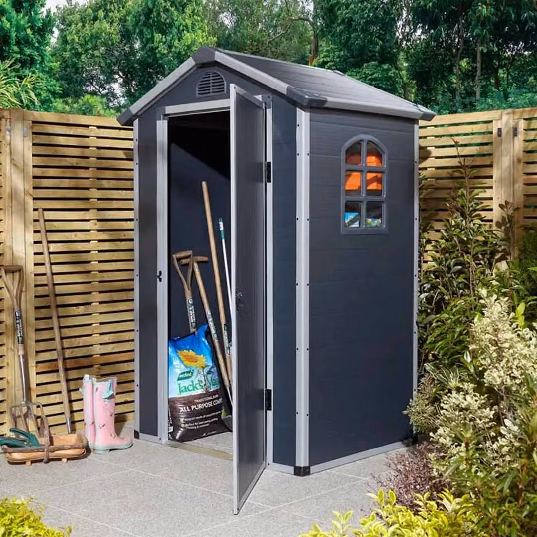 Airevale Plastic Apex Garden Shed with Single Door and Window, Dark Grey, W: 134 cm, D: 104 cm, H: 204 cm – 3