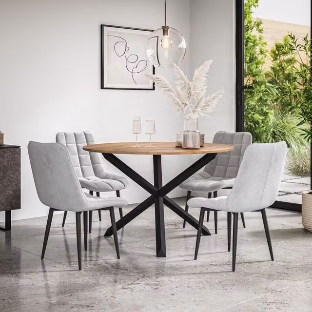 More4Homes Malvern Round Dining Table and 4 Nova Grey Velvet Chairs Set with Oak Top and Black Legs – 1