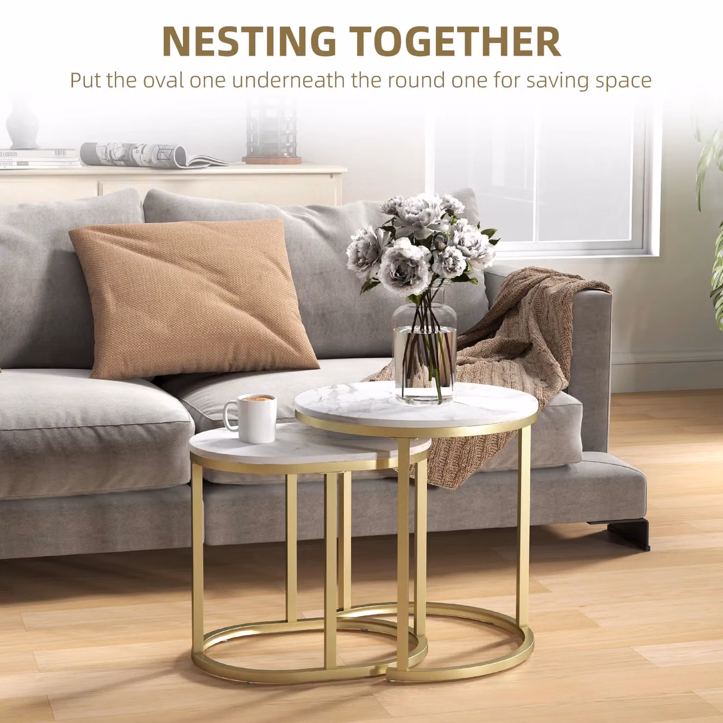 HOMCOM Set of 2 Modern Round Coffee Tables with White Faux Marble Tabletop and Metal Sled Base – 3