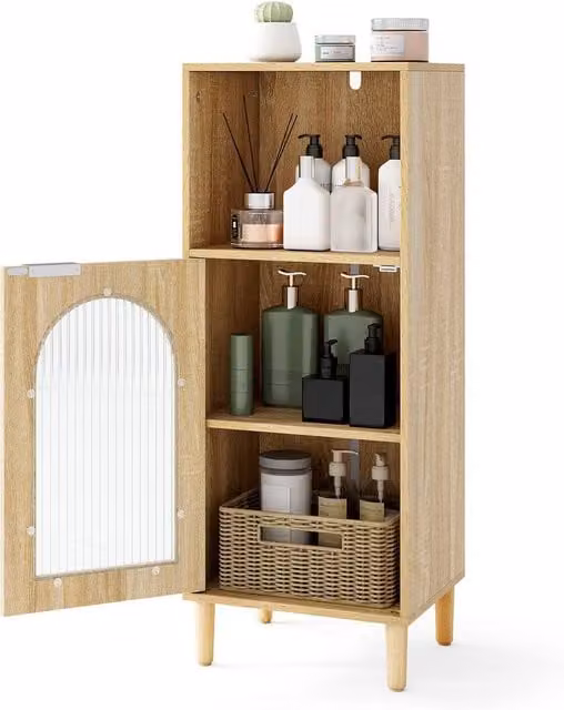 Costway Freestanding Wooden Bathroom Floor Cabinet with Glass Doors and Internal Shelves in Sand