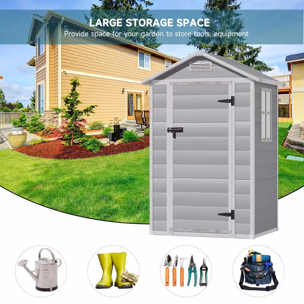Living and Home Grey Plastic Garden Storage Shed with Apex Roof, Hinged Door and Windows, W/D/H: 121.92 x 91.44 x 202 cm – 2