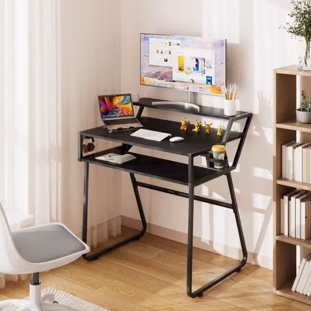 Livingandhome Modern Black Matt Gaming Desk with Metal Sled Base