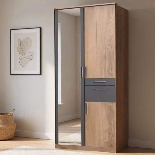 Koblenz Planked Oak and Graphite 2 Door Wardrobe with Mirror, W: 90 cm