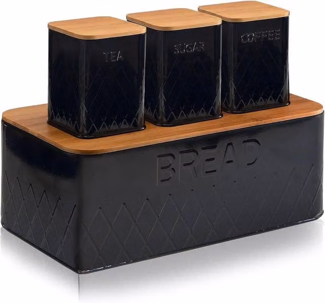 Mantraraj 4 Piece Black Kitchen Storage Set with Breadbin, 3 Airtight Canisters and Bamboo Lids – 1