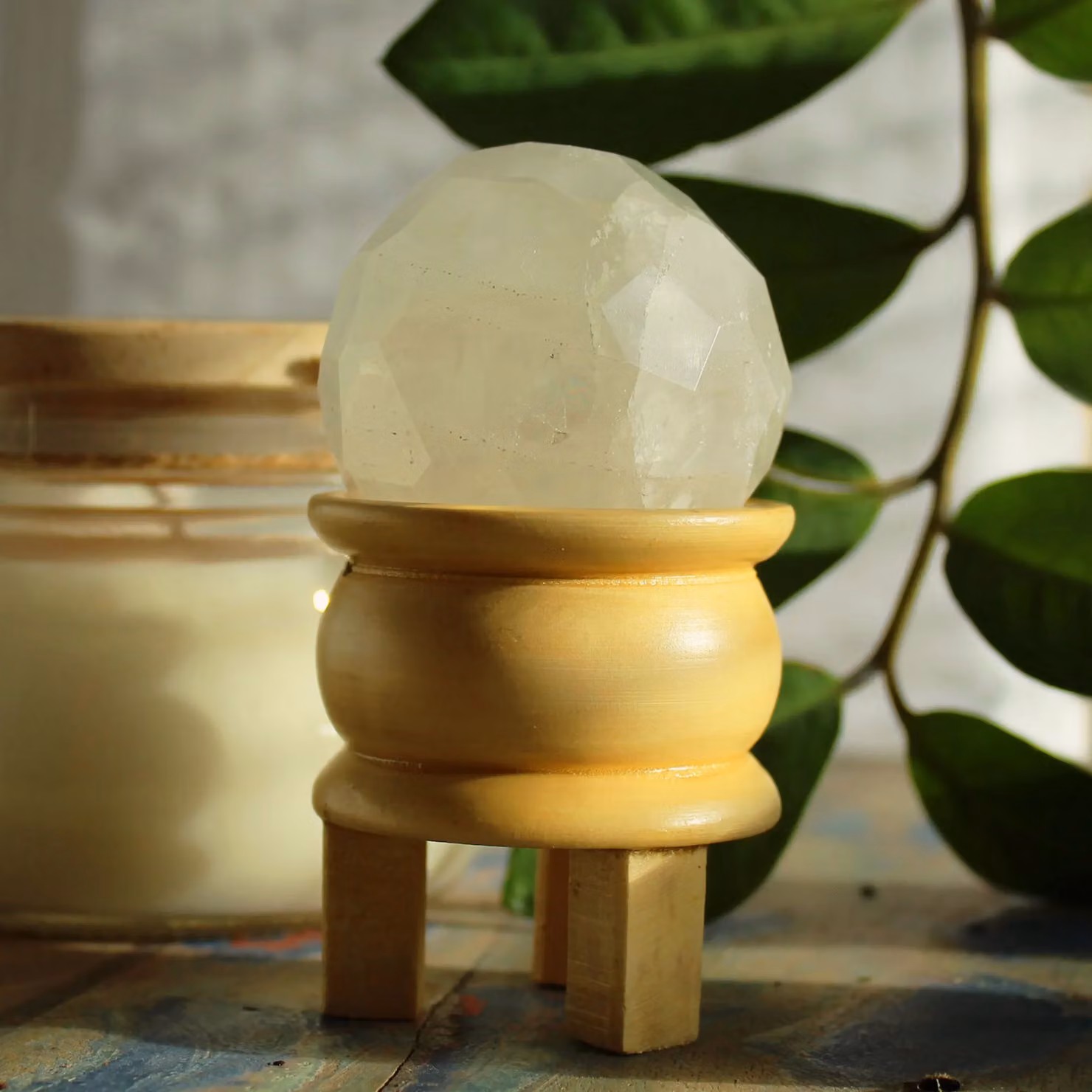 KDMD White and Brown Rock Quartz Gemstone Faceted Healing Ball with Tabletop Stand – 2