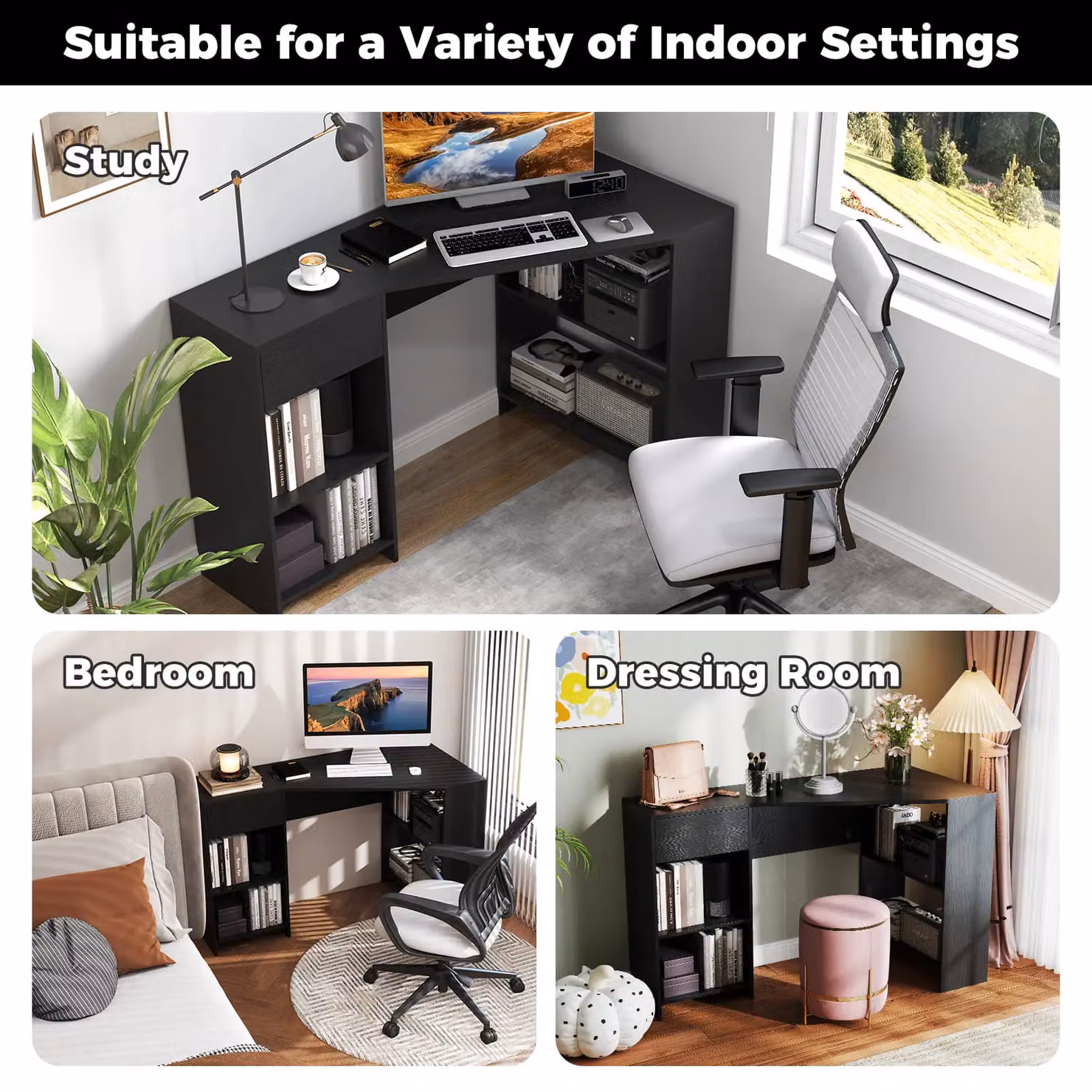 Gymax L-Shaped Corner Executive Desk with Storage Shelves and Drawer in Black – 5