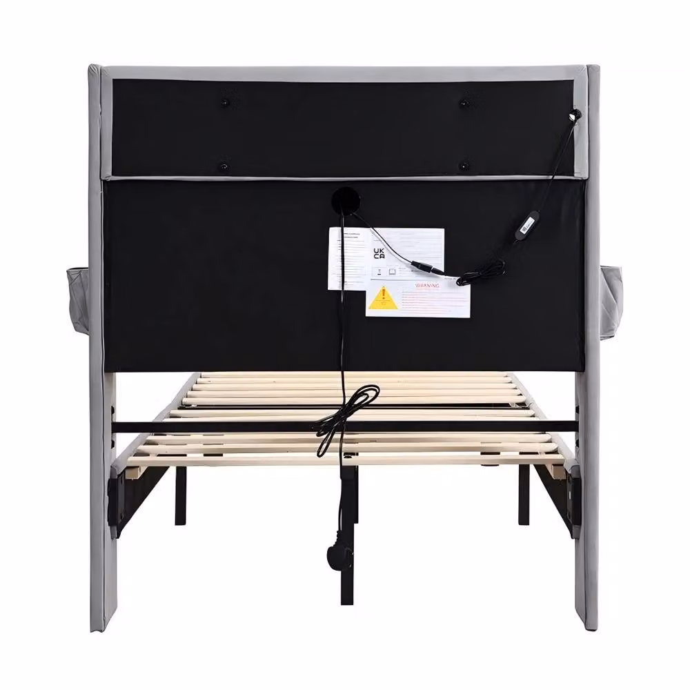 STILVORA Single Upholstered Bed in Grey with Under-Bed LED Lighting, USB Charging Port and Side Compartment Storage, W/D/H: 90 x 190 x 107 cm – 8