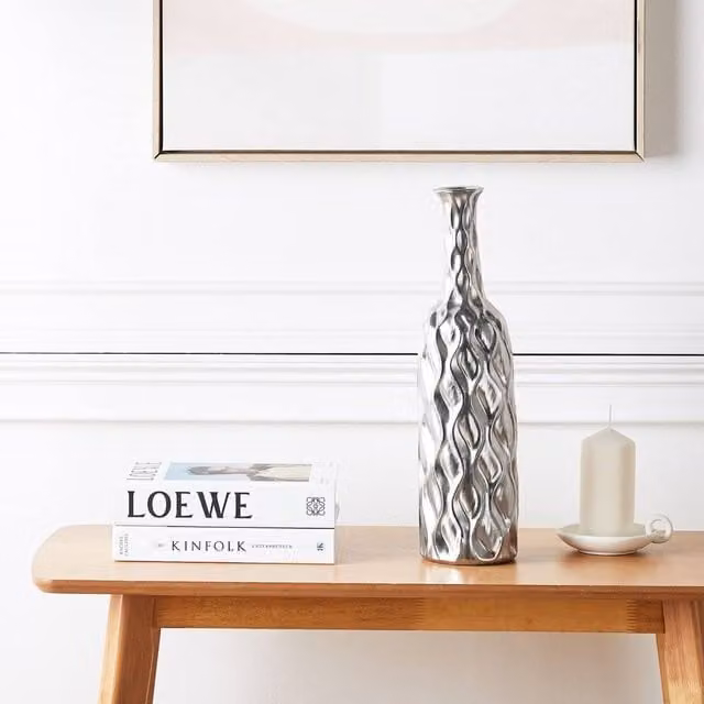 Wyld and Coco Silver Stoneware Bottle Vase with Geometric Honeycomb Texture