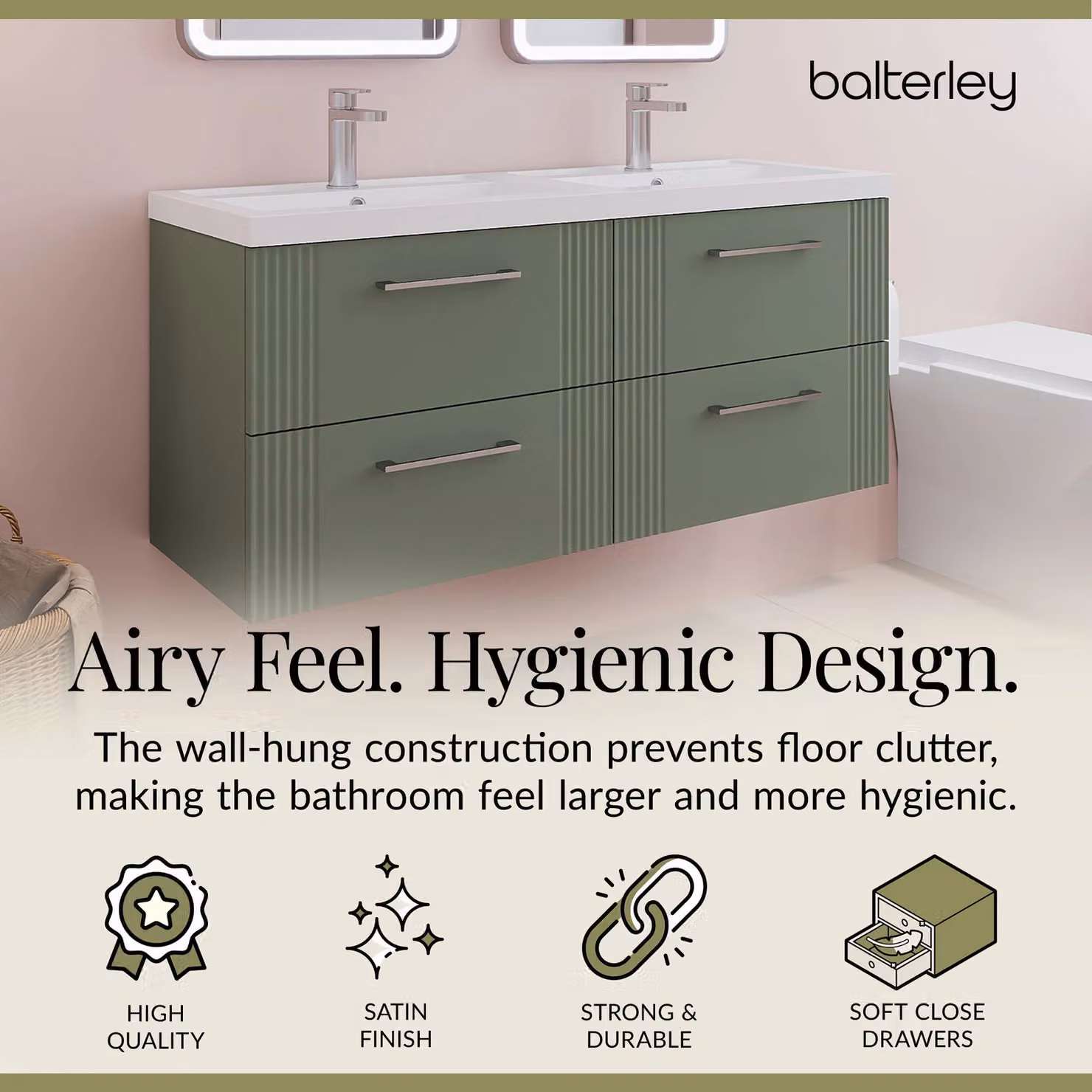 Balterley Wall Hung 4 Drawer Vanity Unit with 2 Polymarble Basins, Satin Green, W: 120 cm – 2