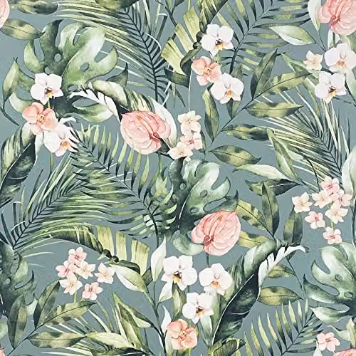 Arthouse Tropical Floral Sea Blue Wallpaper with Pink Flowers and Green Palm Leaves, W: 53 cm x L: 1005 cm
