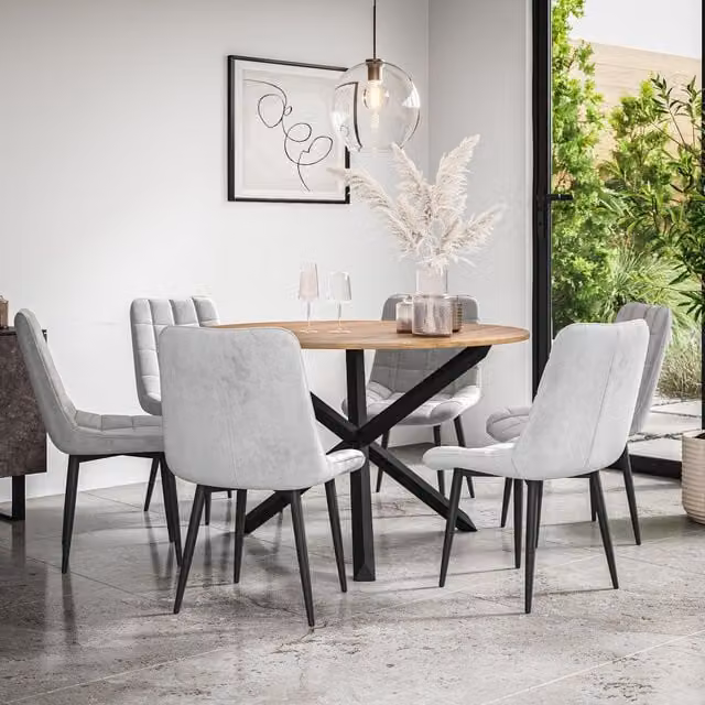 More4Homes Malvern Round Dining Table and Set of 6 Nova Grey Velvet Chairs with Oak Top and Black Legs – 1