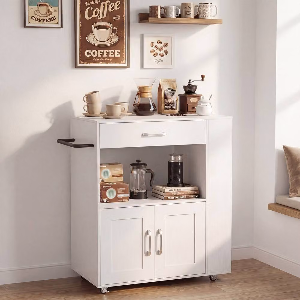 Costway Mobile Wooden Kitchen Island Cart with Cabinet and Spice Racks in White – 4