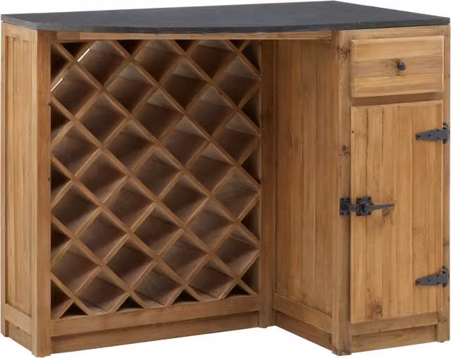 Orsina Rustic Storage Bar Island in Natural with Stone Top, Wood and Metal Construction, W/D/H: 120 x 40 x 82 cm