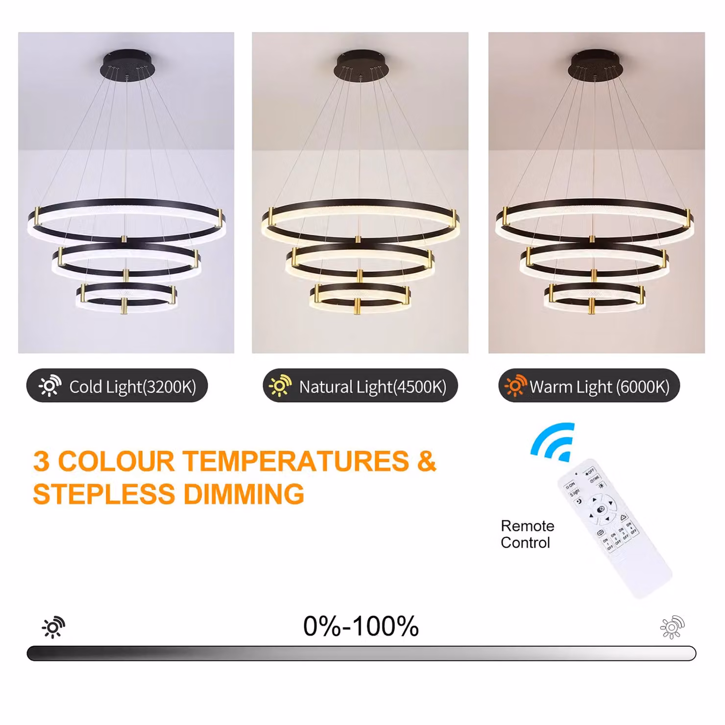 Garwarm Black and Gold Dimmable LED 3-Ring Acrylic Crystal Pendant Light with Remote Control – 2