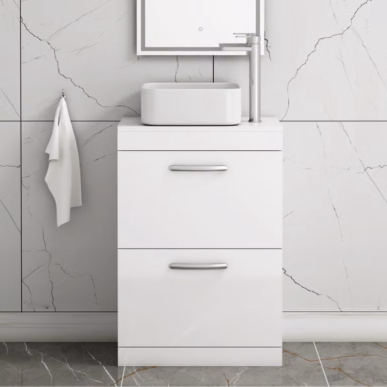 Royal Bathrooms Elena Gloss White 2 Drawer Floor Standing Vanity Unit with Countertop Basin