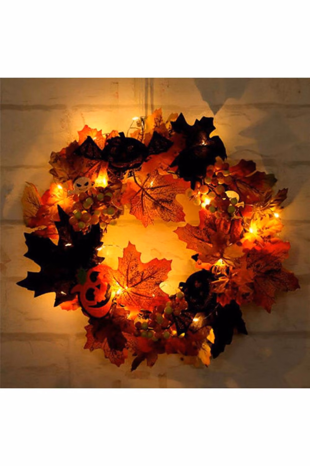 H&O Direct Orange Halloween Wreath with Maple Leaves, Berries and LED Lights, Diameter: 35 cm – 4