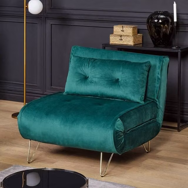 Wyld Haus Velvet 1-Seater Armless Sofa Bed in Dark Green with Gold Metal Legs – 1