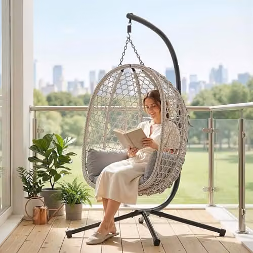 Outsunny Rattan Hanging Egg Chair with Stand in Light Grey – 6