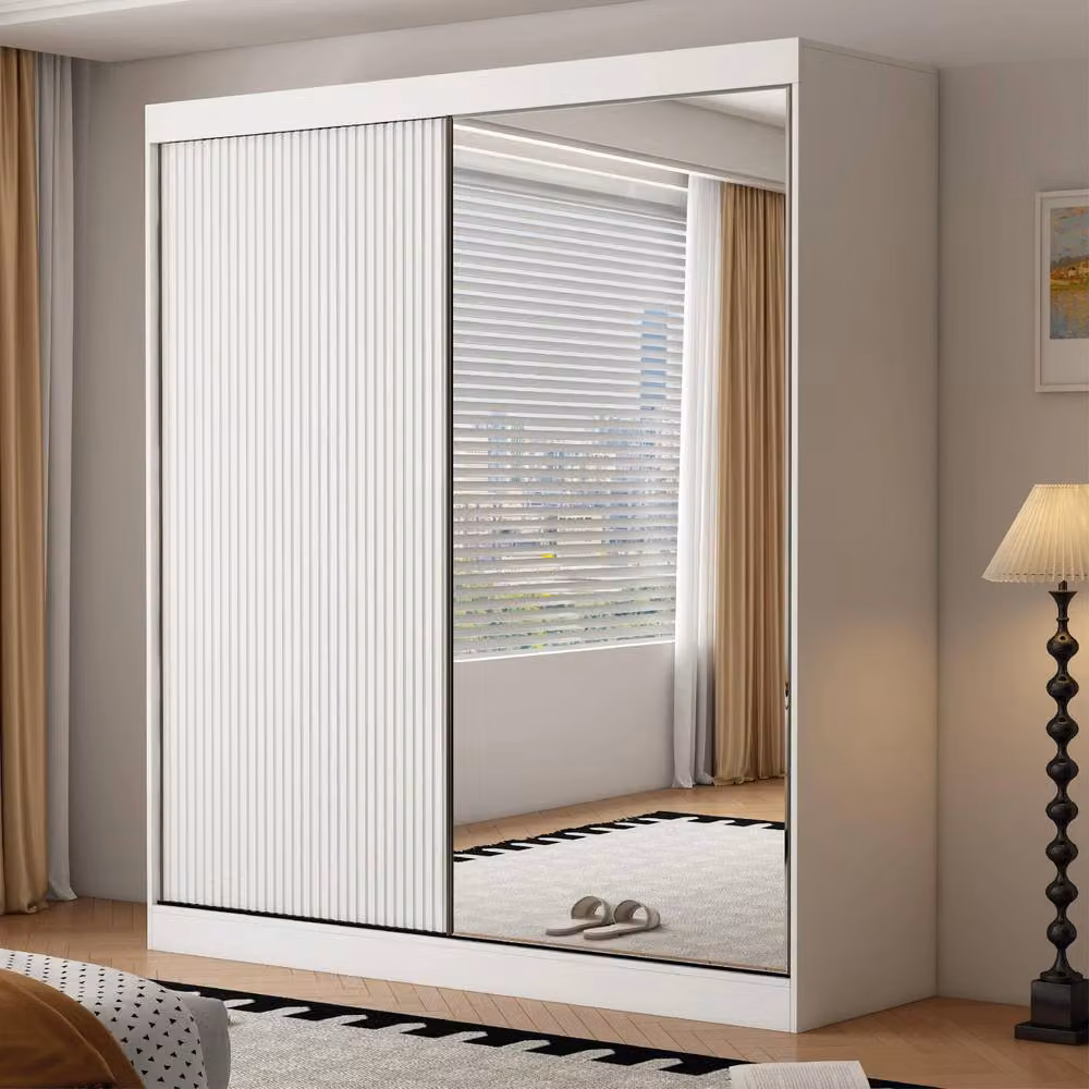 KDMD Kensington Modern White Sliding Wardrobe with Mirror and Fluted Doors, W/D/H: 200 x 62 x 220 cm – 2