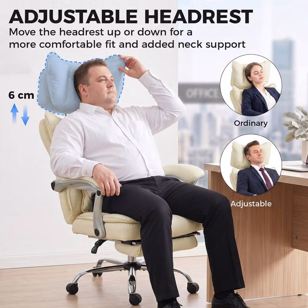 HOMCOM Executive Big and Tall Office Chair in Beige with Synthetic Leather, Headrest and Lumbar Support – 4
