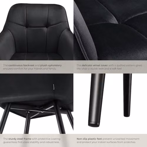 tectake Set of 4 Marilyn Dining Chairs with Velvet Fabric and Geometric Pattern in Black – 6