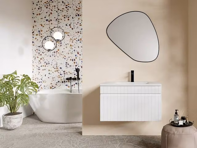 Vente-unique White Grooved Suspended Bathroom Cabinet with Ceramic Inset Basin, W: 80 cm, D: 46 cm, H: 46 cm – 1