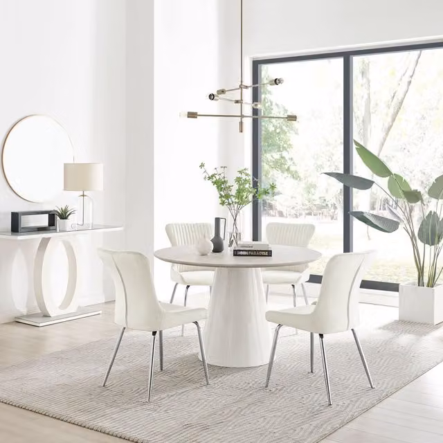 FurnitureboxUK Palma Beige Stone Effect Round Dining Table and 4 Nora Silver Leg Chairs in Cream