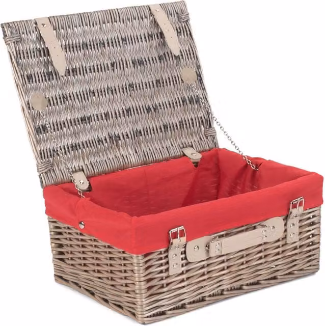 Red Wicker Picnic Basket Hamper with Cotton Lining in Antique Wash Red