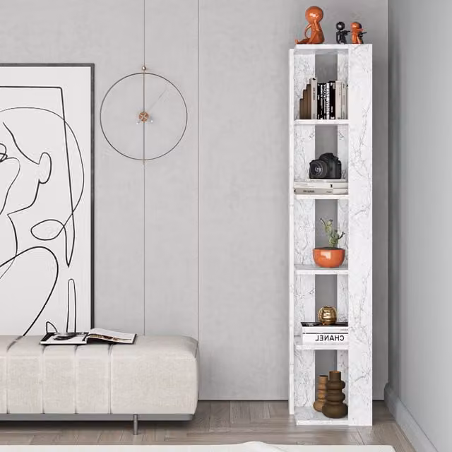 Decortie Nati Modern Corner Bookcase Display Unit in White Marble Effect, W/D/H: 34.0 x 34.0 x 161.0 cm