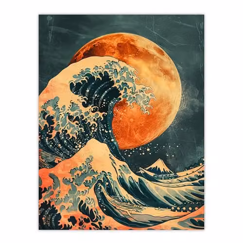 Artery8 Orange Moon Traditional Japanese Waves Unframed Wall Art Paper Poster