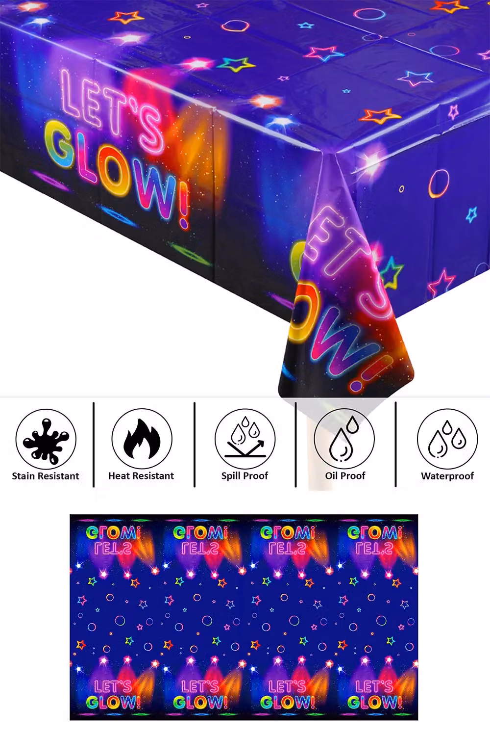 Neel Blue Let's Glow Neon Theme PVC Rectangular Tablecloth in Blue, W/D/H: 220 x 130 cm – 4