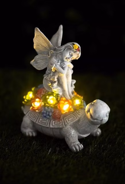 Marco Paul Solar Light Fairy Tortoise Garden Ornament, Grey Resin LED Statue with Multicolour Lights – 1
