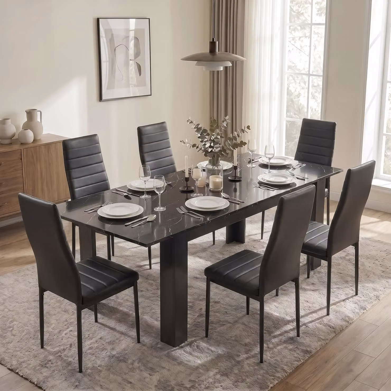 DHS Milo Extendable 6 Seater Dining Table and Chairs Set in Black Marble Effect