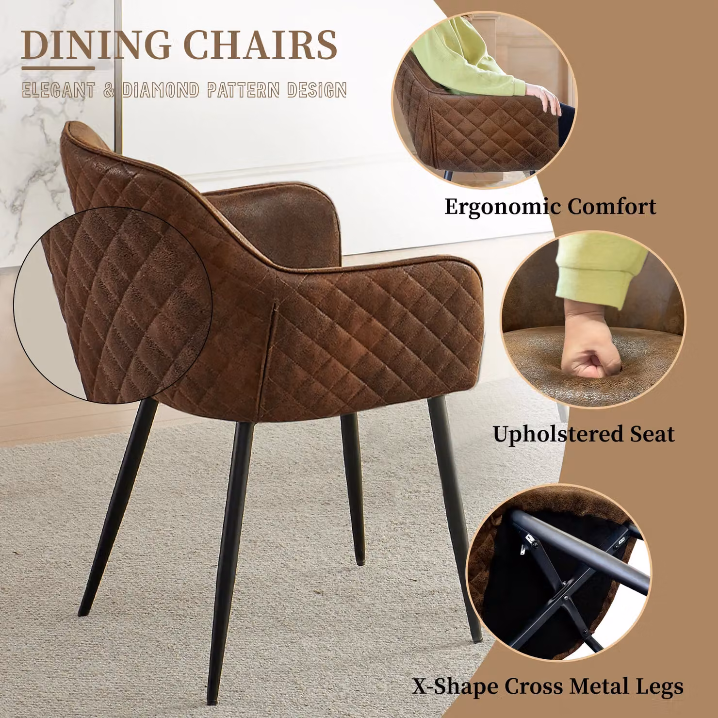 SONARA Dark Walnut Round Dining Table and 2 Brown Faux Suede Dining Chairs Set – 3