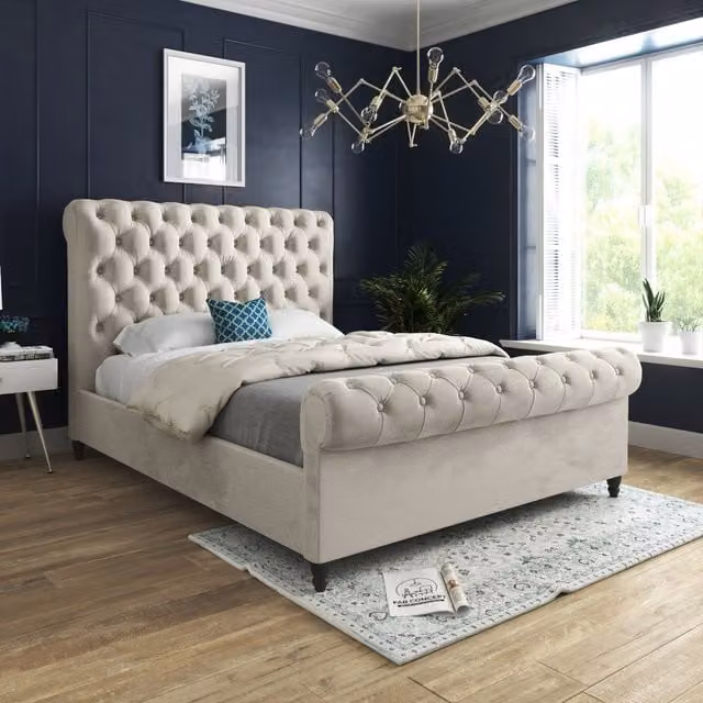 Casani Sienna Sleigh Upholstered Velvet Bed Frame in Beige, W/D/H: 140 x 200 cm – 1