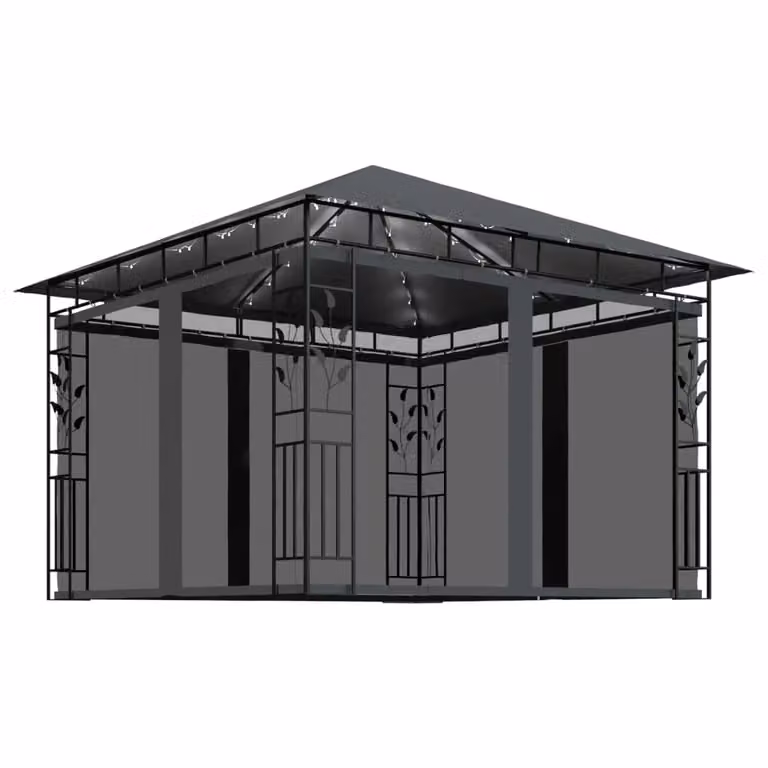 Berkfield Home Anthracite Gazebo with Mosquito Net and LED String Lights, W/D/H: 300 x 300 x 273 cm