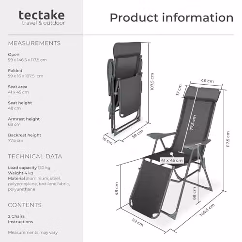 tectake Set of 2 Anthracite Sun Loungers with Adjustable Backrest, Footrest and Armrests featuring Powder Coated Aluminium Frames and Textilene Fabric – 2