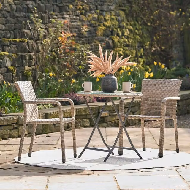 TOBS Modern Outdoor Rattan Bistro Set with Round Glass Table and 3 Chairs in Grey and Brown