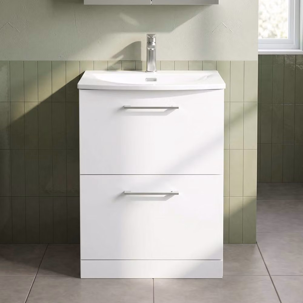 Balterley White Glossy 2-Drawer Curved Floor-Standing Basin Vanity Unit W: 60 cm, H: 83 cm – 2