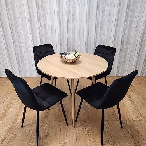 KOSY KOALA Round Oak Dining Table and 4 Black Velvet Chairs Set, W/D/H: 90 x 90 x 75 cm – 1
